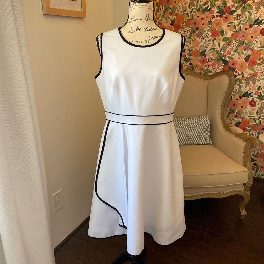 Calvin Klein White A-Line Asymmetrical Dress with Black Trim